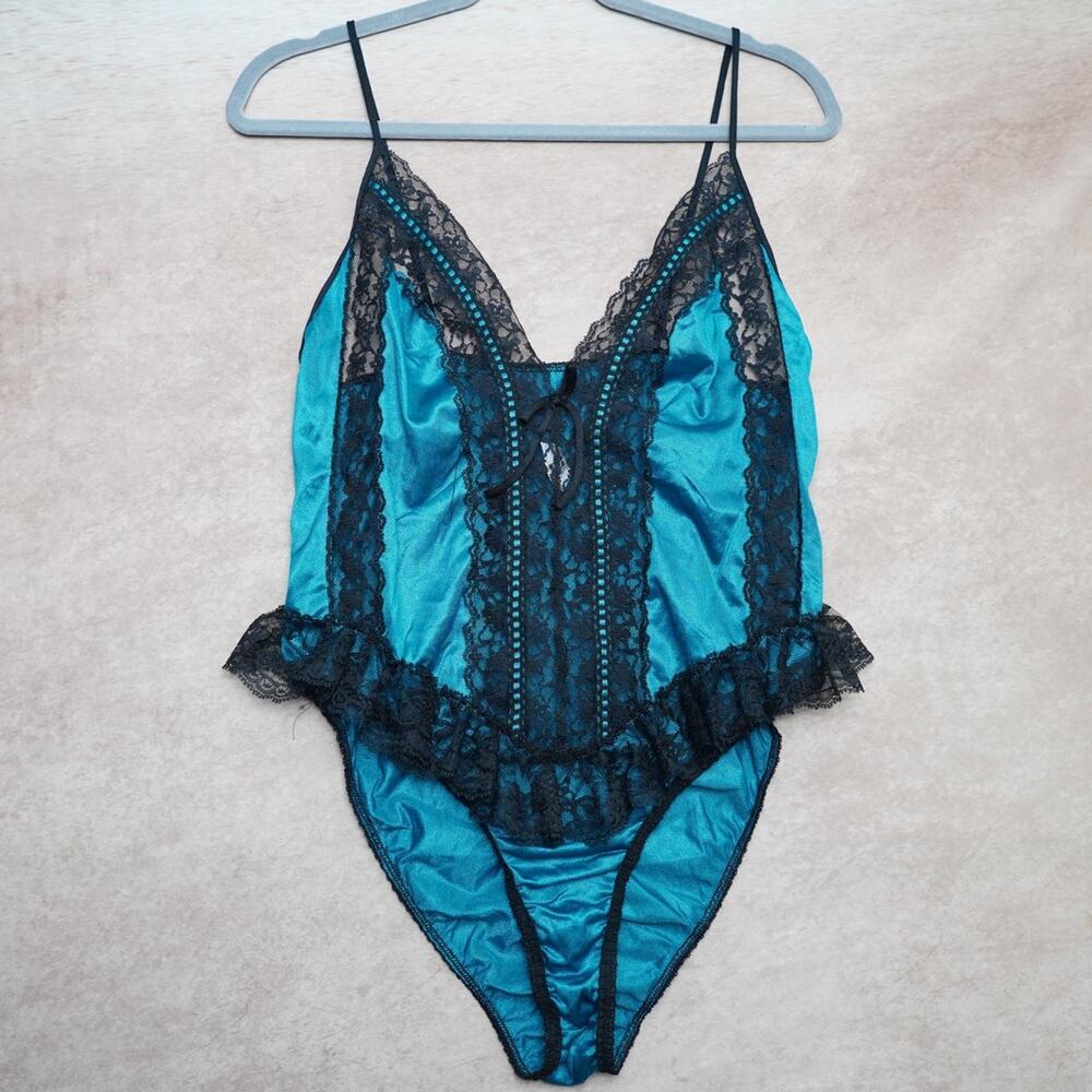 Teal Black Lace Teddy Bodysuit Medium Retro